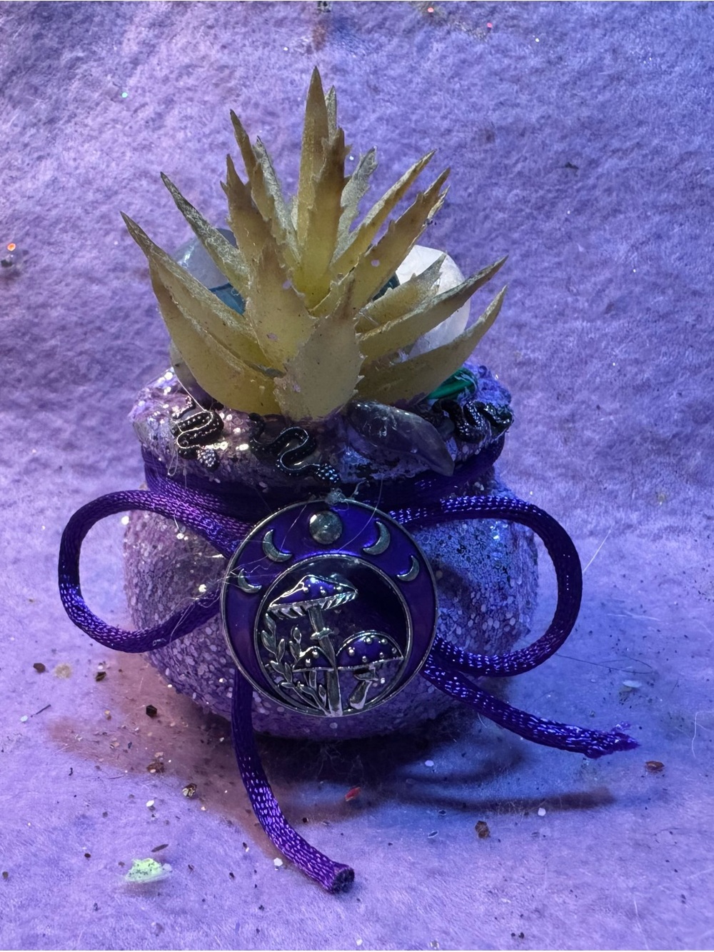 Purple Decorative Succulent mini cauldron with Moon & Mushroom Accent